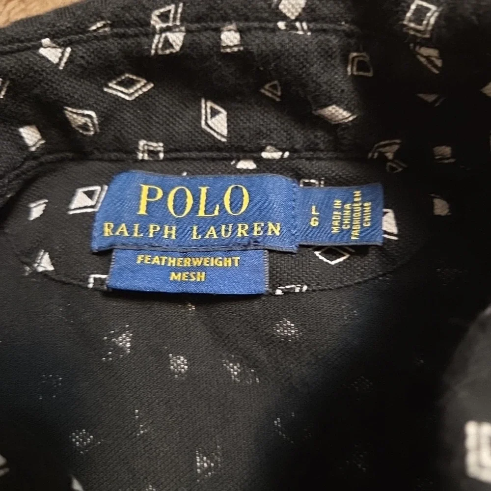 Polo Ralph Lauren Mens Large Black Geometric Diamond Featherweight Mesh Polo